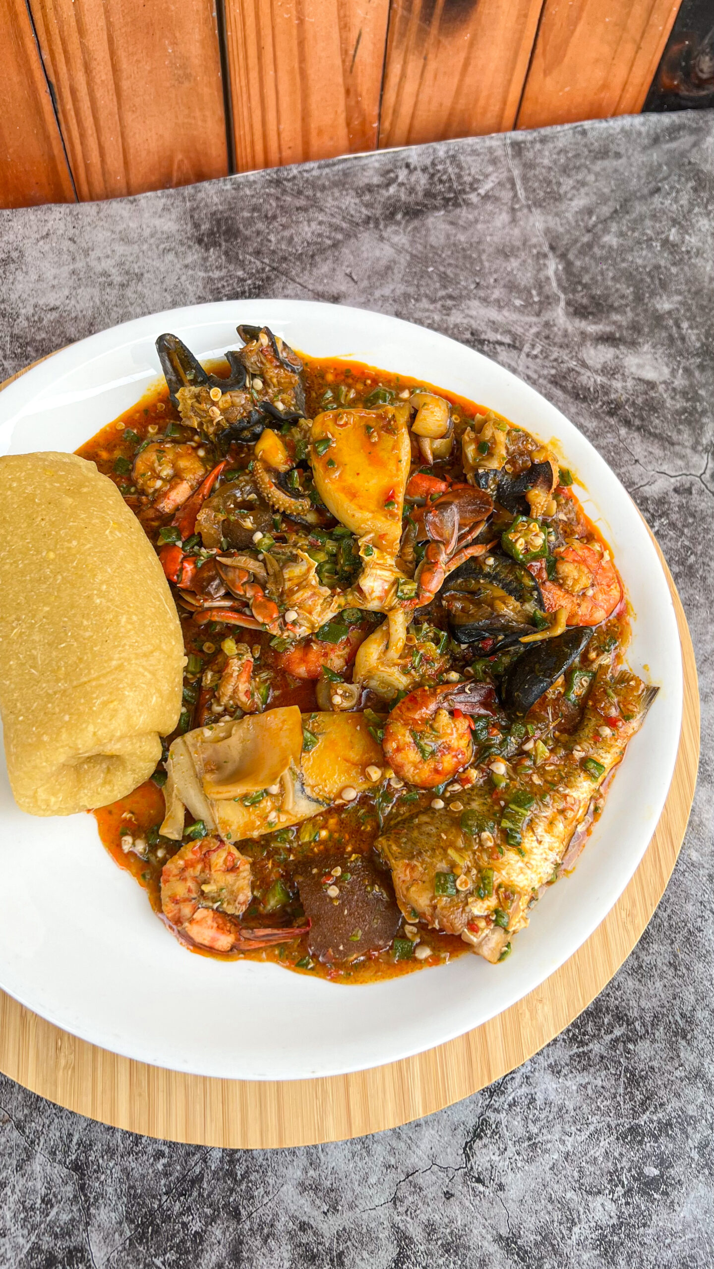 Seafood stew and swallow plate at M&M African Kitchen