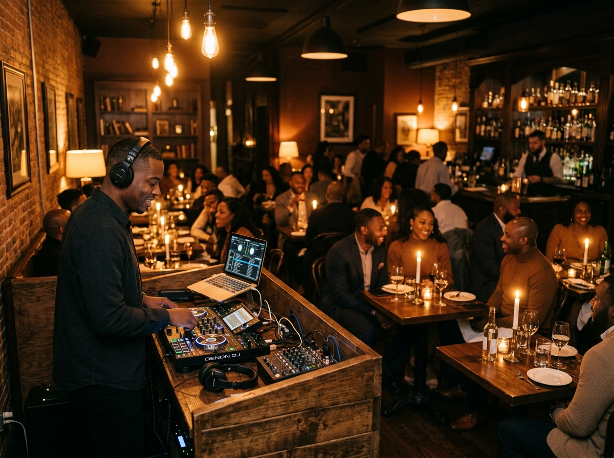 DJ mixing Afrobeats for a packed room at M&M