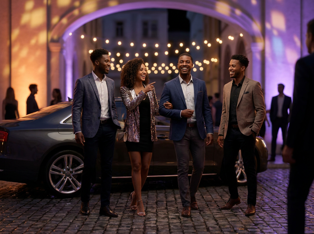 Stylish group of friends arriving for a night out